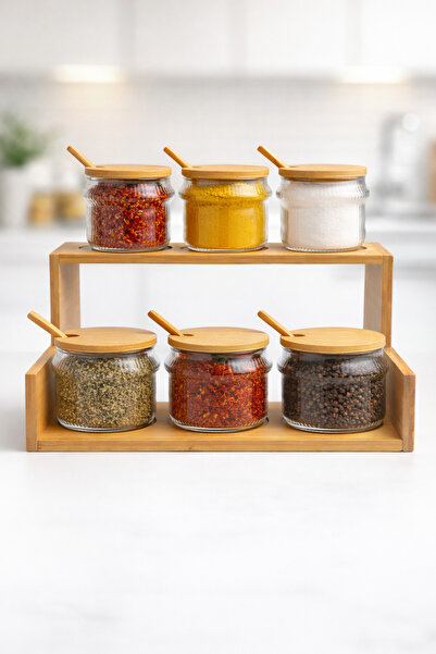 NOKKA 6-Piece Glass Spice Jar Set with Bamboo Stand and Spoon (8X8 cm) – Glas...