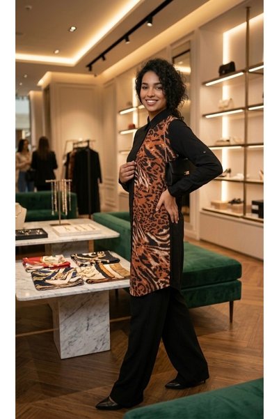 Polologin Butik Kadın Asimetrik Leopar Desenli Uzun Tunik