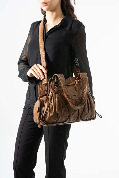 571 Collections Çanta Πλυμένη δερμάτινη τσάντα ώμου πολλαπλών θέσεων, μαύρισμ...