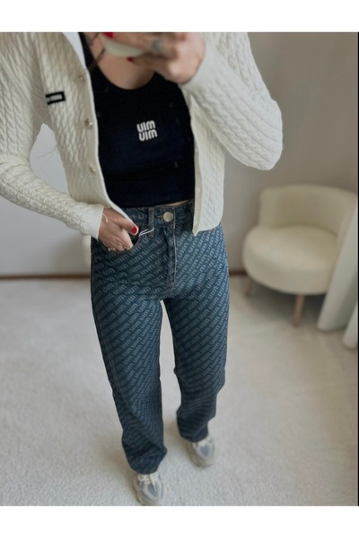 MoyStore Dark Navy Blue Women's Jean Trousers with Writing