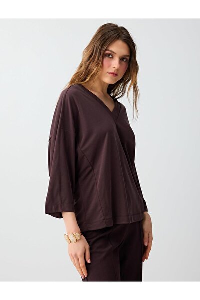 Jimmy Key Πλεκτή μπλούζα Modal με άνετη εφαρμογή, λαιμόκοψη V και μανίκια τρι...