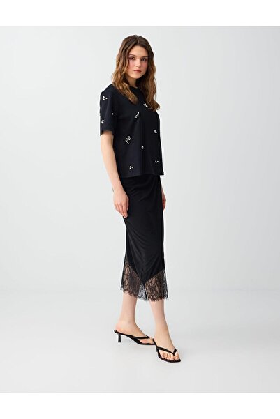 Jimmy Key Μαύρη ίσια πλεκτή μίντι φούστα με κανονική μέση και λεπτομέρεια από...