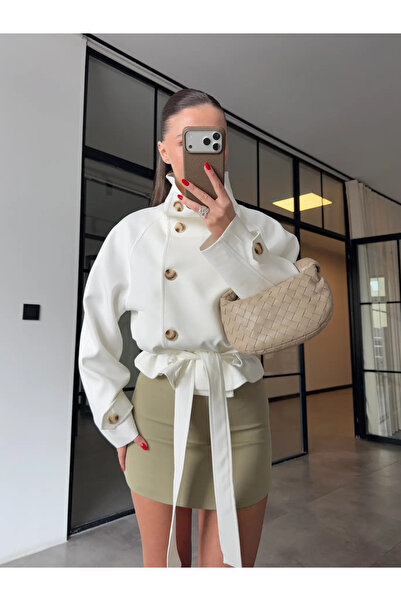 My Blog Λευκή καμπαρντίνα με ψηλό γιακά και ζώνη - 501326