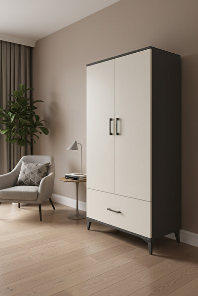 mobihobi Luna Dolap: 4 Raflı, 1 Çekmeceli, 2 Kapaklı, 88x44x182cm, Antrasit-A...