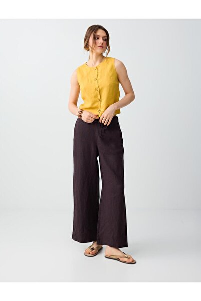 Jimmy Key Παντελόνι Bitter Brown 100% λινό με φαρδιά μπατζάκια και κορδόνια σ...