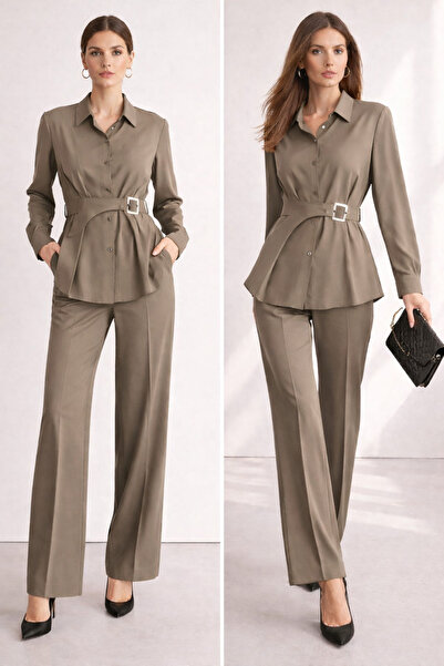 moda paketi Πουκάμισο και παντελόνι με λεπτομέρεια ζώνης – Κομψό και μοντέρνο...