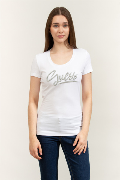Guess Kısa Kollu Bisiklet Yaka Yazılı Kadın Beyaz T-shirt W6RI24J1314-G011