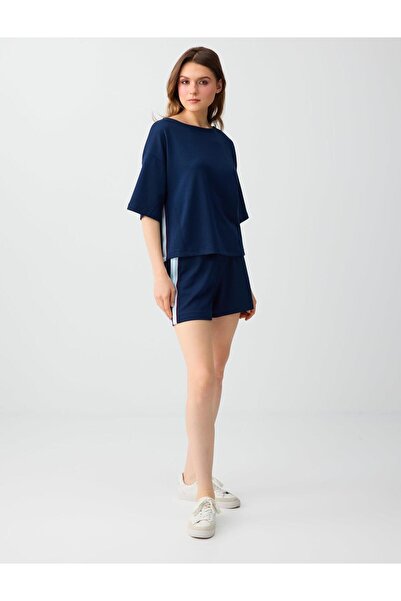 Jimmy Key Μπλε ναυτικό πλεκτό σορτς με κανονική μέση και λεπτομέρεια ρίγας στ...