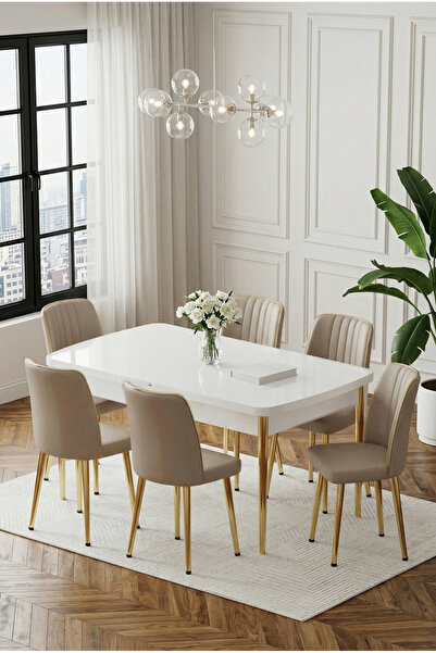 DEREN HOME Ada Gold Serisi 80x132 Açılabilir Masa +6 Adet Silinebilir Sandaly...