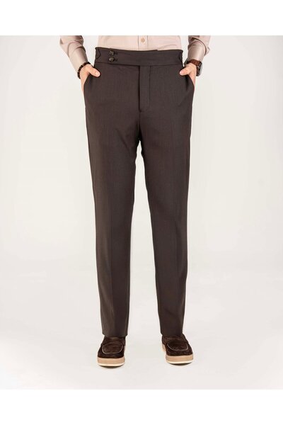 TerziAdemAltun İtalyan stil slim fit bel detaylı erkek pantolon kahverengi T1...