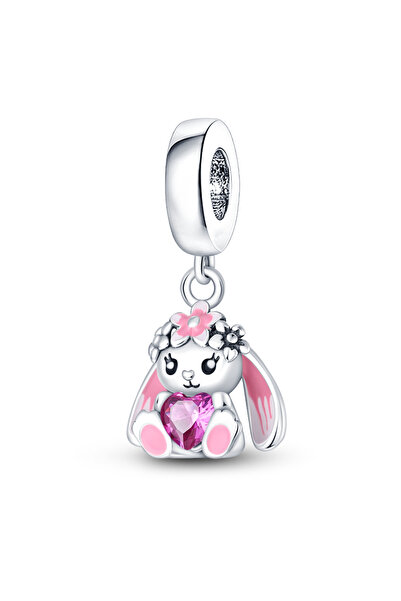 Choice W-PAC400 S925 Silver Plated Cute Pink Rabbit Pendants Charms Fit Origi...