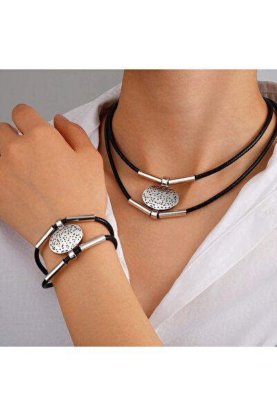 Choice1 Silver Vintage Oval Metal Leather Necklace Bracelet For Women Fashion...