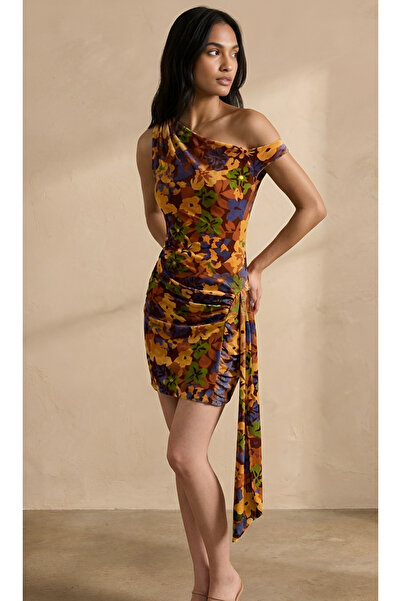 BLOUSE Asimetrik Kesim Çiçekli Mini Şık Elbise