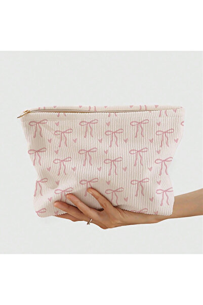 Choice A Minimally designed pink bow pattern printed corduroy zipper makeup b...