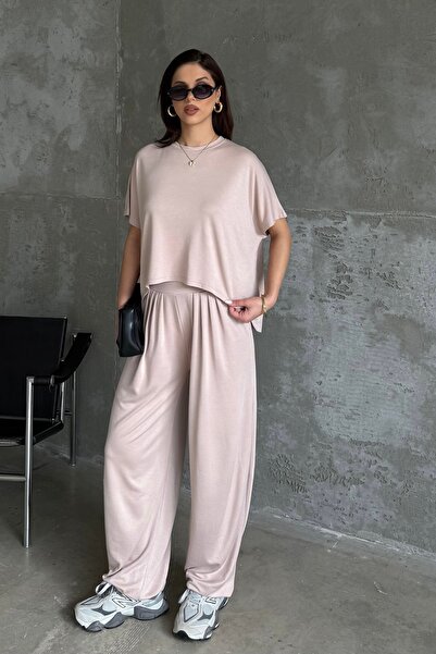 BEJNA Γυναικείο Μπεζ Σετ Παντελόνι Σαλβάρ με Υφή Modal και Μπλούζα