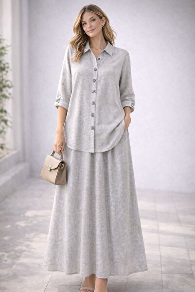 moda paketi Σετ πουκάμισο-φούστα με φυσική υφή και λινή εμφάνιση – Συνδυασμός...