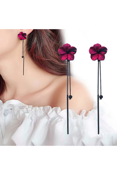 Choice أقراط نسائية بتصميم وردة حمراء عتيقة الطراز مع شراشيب طويلة متدلية، مو...