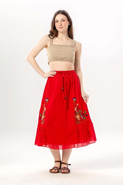 Eliş Şile Bezi Canan Vual με δέσιμο και λεπτομέρεια από καουτσούκ, μίντι μήκο...