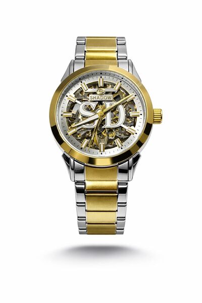 SHADOW Monarch Skeleton Automatic Watch for Men, Two Tone Gold & Silver Stain...