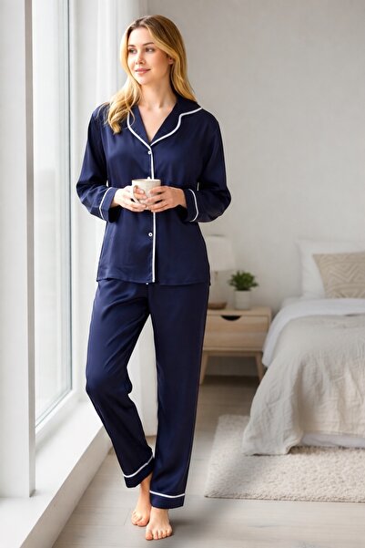 SATTENS Μεταξένιο ΣΕΤ ΓΥΝΑΙΚΕΙΩΝ ΠΙΤΖΑΜΕΣ ΑΠΟ ΣΑΤΕΝ ΜΕ ΜΟΝΤΕΡΝΟ ΜΠΛΕ ΣΧΕΔΙΟ Π...