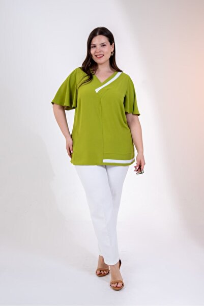 Roxxlen Γυναικεία μπλούζα μεγάλου μεγέθους με λαιμόκοψη V και διακοσμητικά στ...