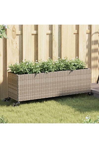 vidaxl Ζαρντινιέρα Κήπου με Ρόδες 3 τεμ Γκρι 107x32x38 εκ. Ρατάν