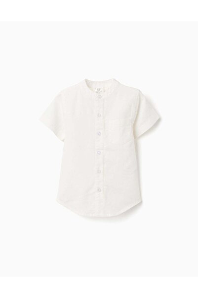 Ziddy Linen And Cotton Short Sleeve Shirt With Pocket For Baby Boys, White