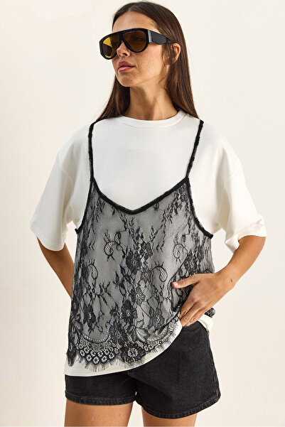 Bianco Lucci Women's Lace Detailed Layered Look Basic T-Shirt 1083 60286114