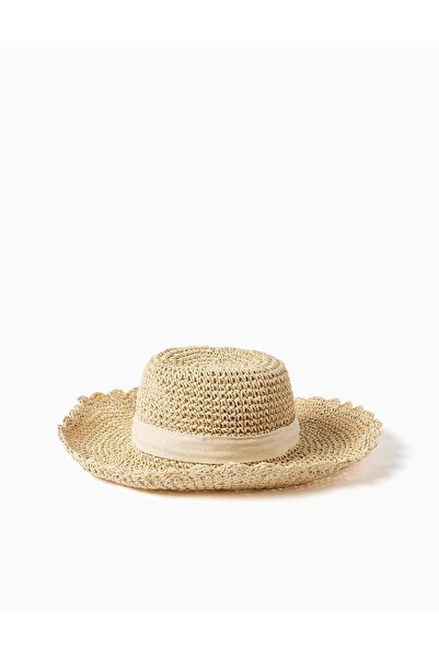 Ziddy قبعة من القش مع فيونكة مزخرفة للأطفال والفتيات، لون بيج