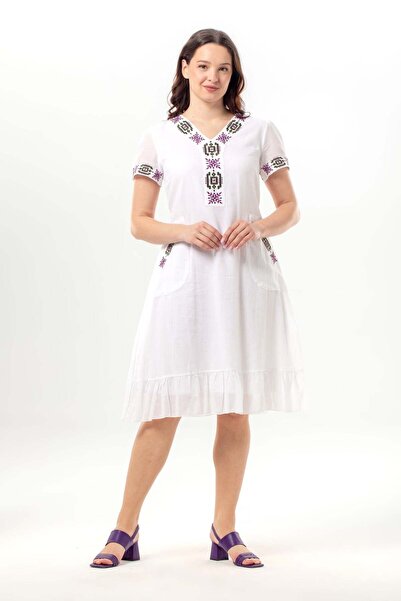 Eliş Şile Bezi Κοντομάνικο φόρεμα Feyza με λαιμόκοψη V, διπλές τσέπες, δεμένο...