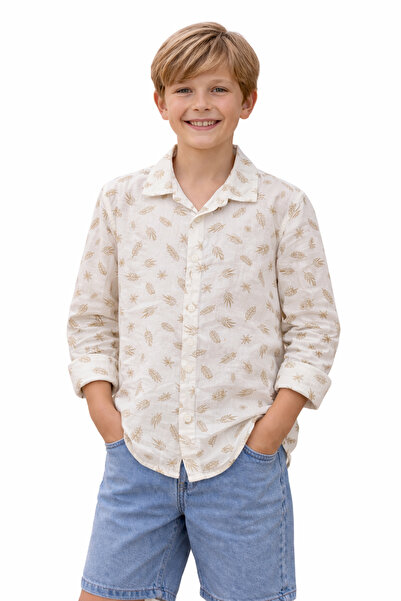 İrem Çocuk Giyim Boy's Button-Closure Brown Leaf Patterned Folded Sleeve Mode...