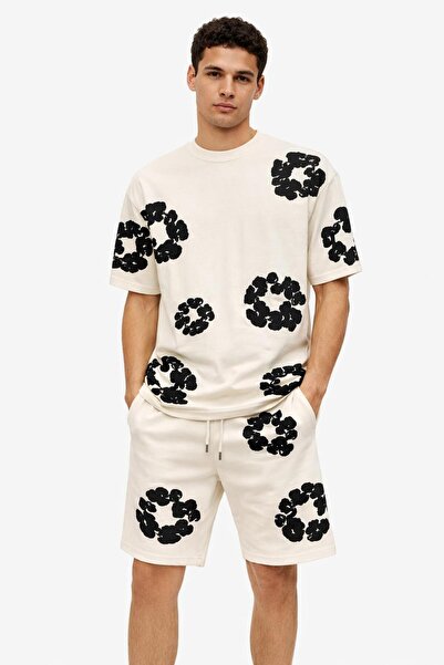 HZR wear Erkek 2'li Set Baskılı Şort Tişört Takım Oversize Double Face