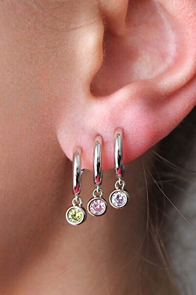 Nenya Vip Steel Round Colorful Zircon Stone Triple Look Earrings