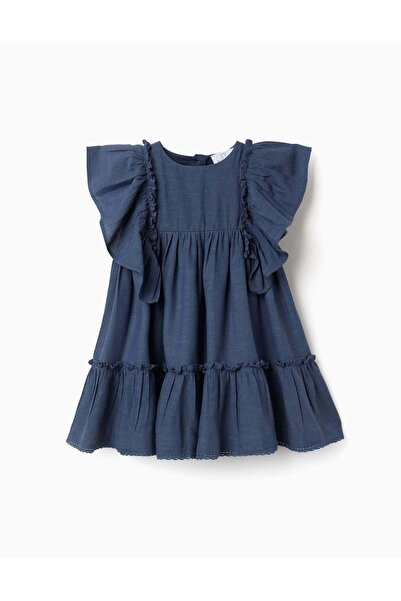 Ziddy Dress In Cotton And Linen With Ruffled Sleeves You&Me For Baby Girls, Blue