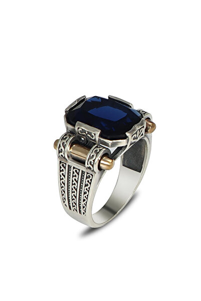 Mirari Jewelry Safir Taşlı Altın Detaylı Modern Erkek Yüzük | Premium 0,40 Mi...