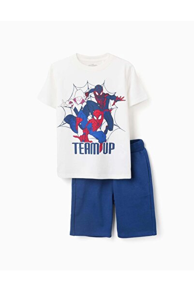 Ziddy Cotton T-Shirt And Shorts Set With Spider-Man Print For Boys, White/Blue