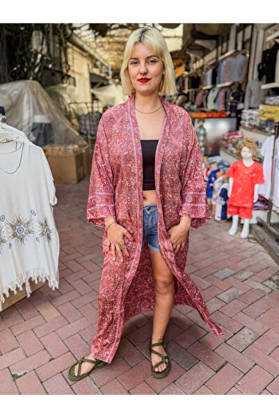 Miss Boheme Pembe Renk Çiçek Desenli İpek Kaftan