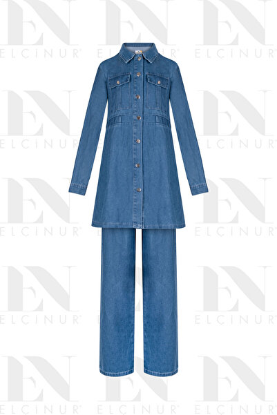 ELÇİNUR 26353 Denim Jeans Tunic Trousers Set – Modern Hijab Set with Buttoned...