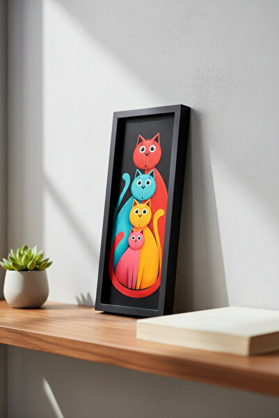 FourArts Modern Renkli Kedi Tablosu 25x60 cm Çerçeveli Minimal Duvar Dekoru