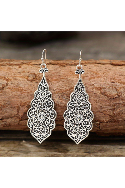 Choice Silver Vintage Carved Pattern Dangle Earrings Retro Ethnic Style Alloy...