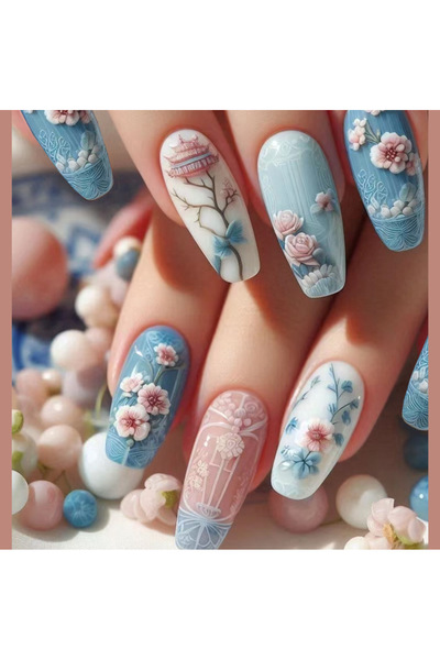 Choice3 WM-145 24pcs Wearable Fake Nails Sets Flower Pink Long Coffin False N...