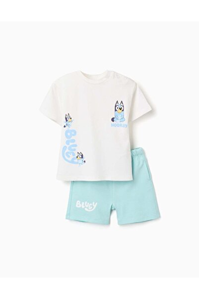 Ziddy Cotton T-Shirt + Shorts With Bluey For Babies And Children, White/Blue