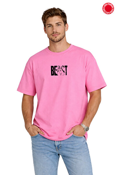 DUBU BUTİK Unisex Oversize Pembe Beast Baskılı Tişört %100 Pamuk Baskılı Salaş Streetwear Kadın Erkek T-Shirt