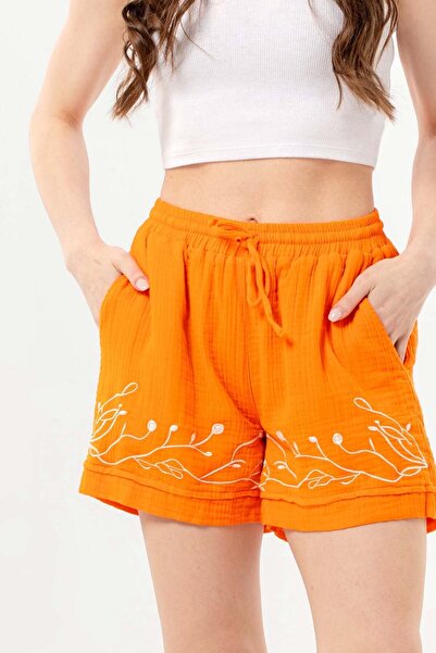 Eliş Şile Bezi Μίνι σορτς μουσελίνας με ελαστική μέση, διπλές τσέπες, καλοκαι...