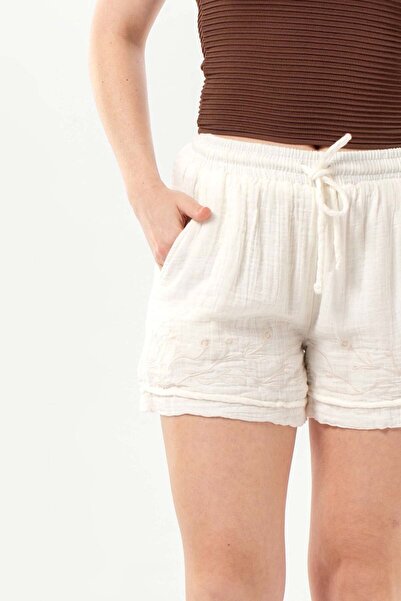 Eliş Şile Bezi Μίνι σορτς μουσελίνας με ελαστική μέση, διπλές τσέπες, καλοκαι...