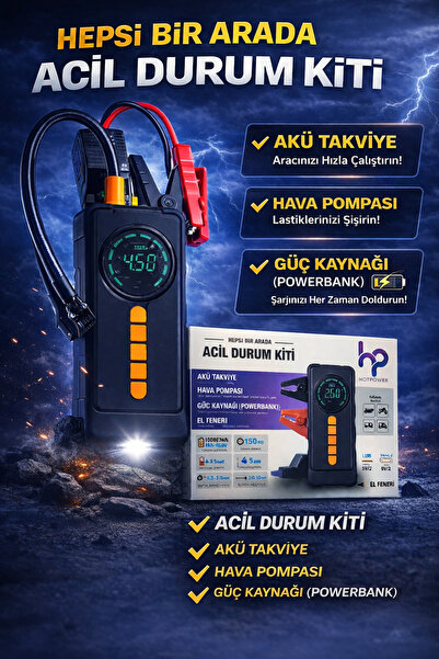 HOT POWER 4ü1 arada Akü Takviye Cihazı Hava Kompresörü Powerbank LED Fenerli ...