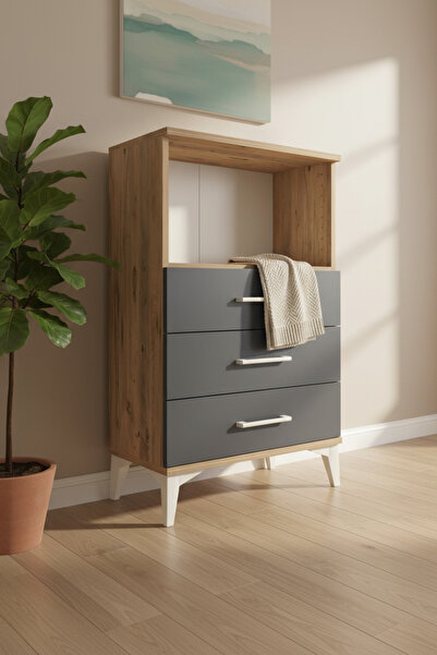 mobihobi Silva Komodin 3 Çekmeceli, 1 Raflı 60x30x96 Çam-Antrasit | Modern Ta...