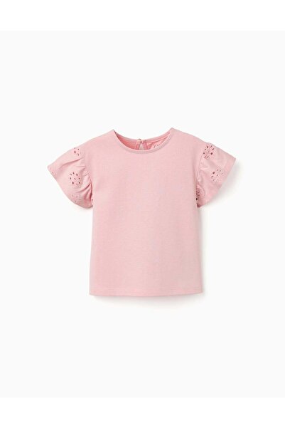 Ziddy Cotton T-Shirt With Sleeves In Broderie Anglaise For Baby Girls, Pink