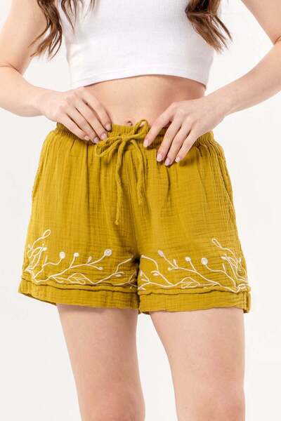 Eliş Şile Bezi Μίνι σορτς με ελαστική μέση, διπλές τσέπες, καλοκαιρινό κεντημ...