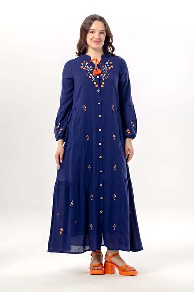 Eliş Şile Bezi Μακρυμάνικο φόρεμα με κεντημένη φούντα και κορδόνια, με γιακά,...